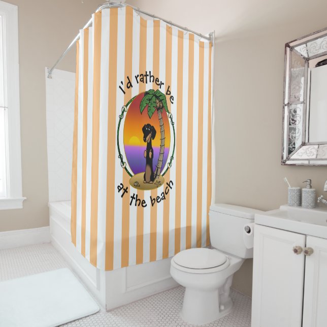 Cute Tropical Island Beach Dachshund (black & tan) Shower Curtain (In Situ)