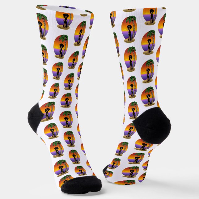 Cute Tropical Island Beach Dachshund (black & tan) Socks (Angled)