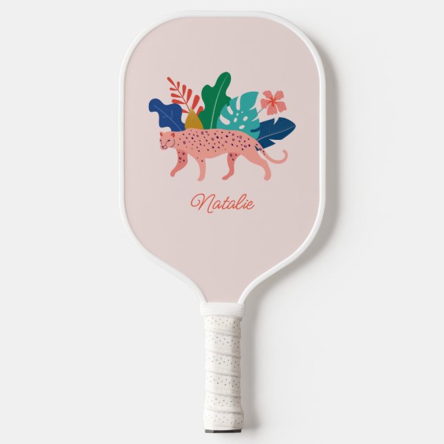 Cute Tropical Jungle Leopard Name Pickleball Paddle (Front)