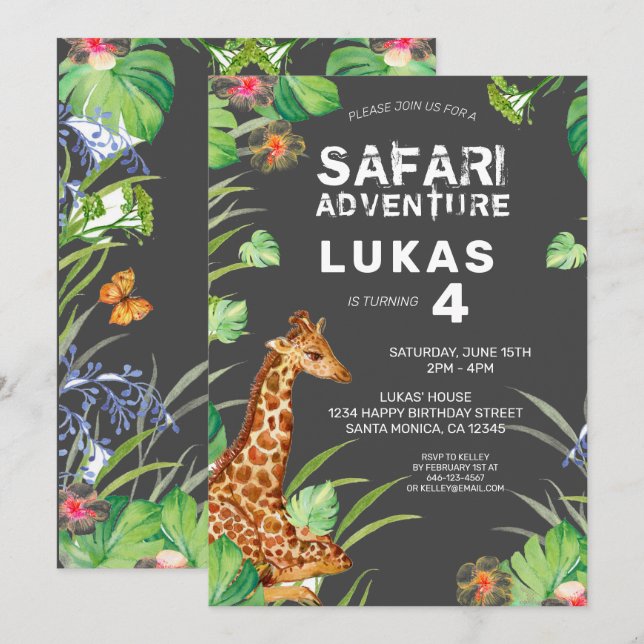 Cute Tropical Jungle Safari Giraffe Birthday Invitation (Front/Back)