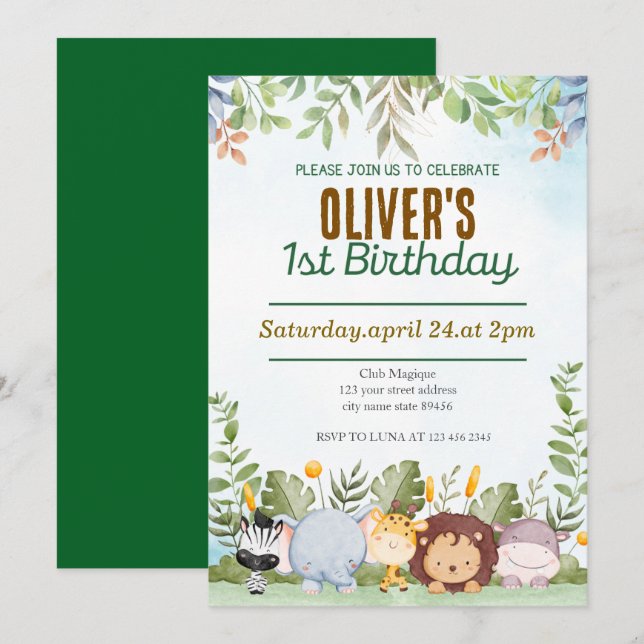Cute Tropical Jungle Safari Wild One 1st Birthday Invitation (Front/Back)