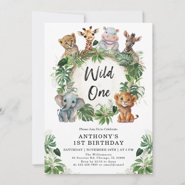 Cute Tropical Jungle Safari Wild One 1st Birthday  Invitation (Front)
