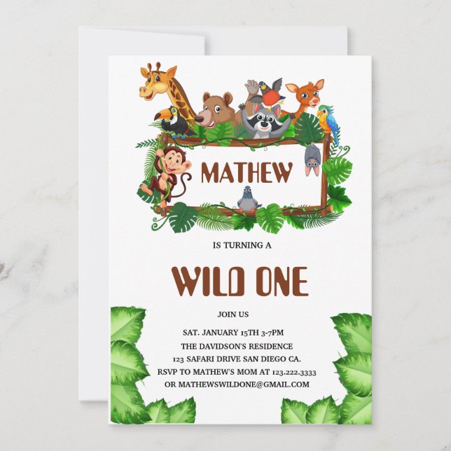 Cute Tropical Jungle Safari Wild One 1st  Invitation (Front)