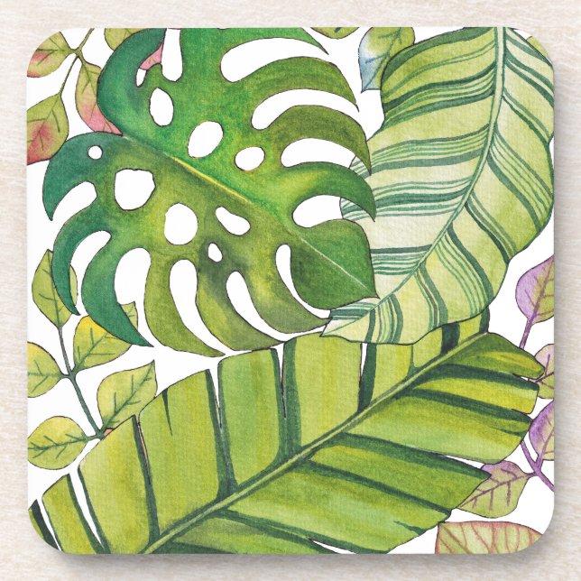 Cute Tropical Leaves In Watercolor Coaster (Front)