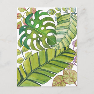 Cute Tropical Leaves In Watercolor Postcard