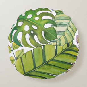 Cute Tropical Leaves In Watercolor Round Cushion