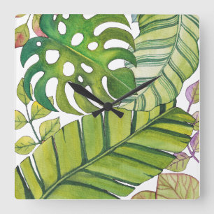 Cute Tropical Leaves In Watercolor Square Wall Clock
