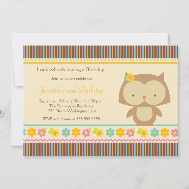 Cute tropical owl girls birthday party invitation (Front)