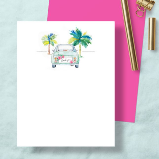 Cute Tropical Palm Tree & Car Watercolor Thank You Card (Thank you notecard watercolor tropical palm tree and car art by Victoria Grigaliunas Do Tell A Belle)