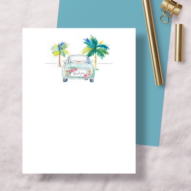 Cute Tropical Palm Tree & Car Watercolor Thank You Card (Thank you card tropical palm trees and car by watercolor artist Victoria Grigaliunas Do Tell A Belle)