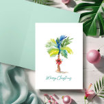 Cute Tropical Palm Trees Watercolor Christmas Card<br><div class="desc">This beach theme watercolor Christmas card features a replica of my original hand painted palm tree with red poinsettia on a crisp white background. The words Merry Christmas are set in a modern brush script typography in turquoise blue. The inside is a solid light tropical green colour and is blank...</div>
