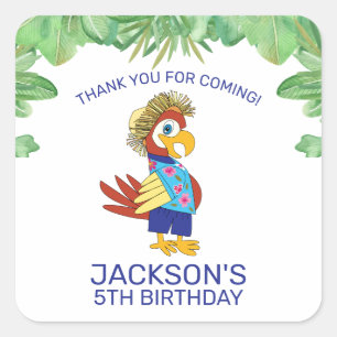 Cute Tropical Parrot Kids Birthday Party Thank You Square Sticker