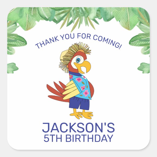 Cute Tropical Parrot Kids Birthday Party Thank You Square Sticker (Front)