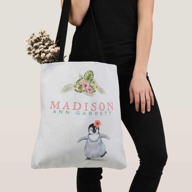 Cute Tropical Penguin Pink Add Name Baby Tote Bag (Close Up)