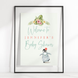 Cute Tropical Penguin Pink Baby Girl Baby Shower Poster