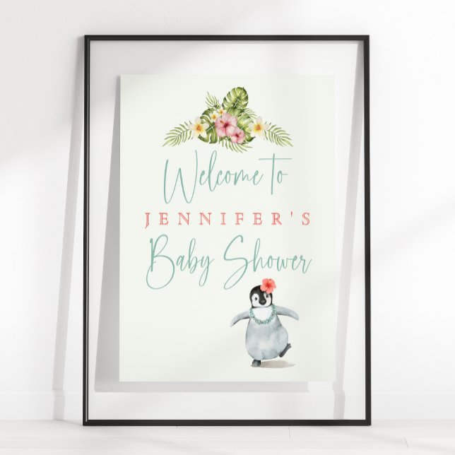 Cute Tropical Penguin Pink Baby Girl Baby Shower Poster (Creator Uploaded)