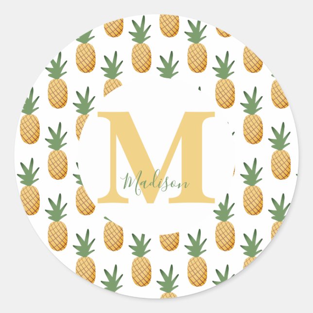 Cute Tropical Pineapple Monogram  Classic Round St Sticker (Front)