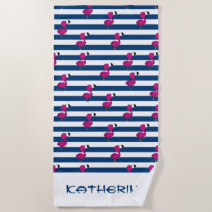 cute tropical pink baby flamingo navy blue striped beach towel