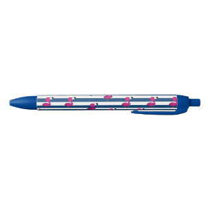 cute tropical pink baby flamingo navy blue striped ink pen