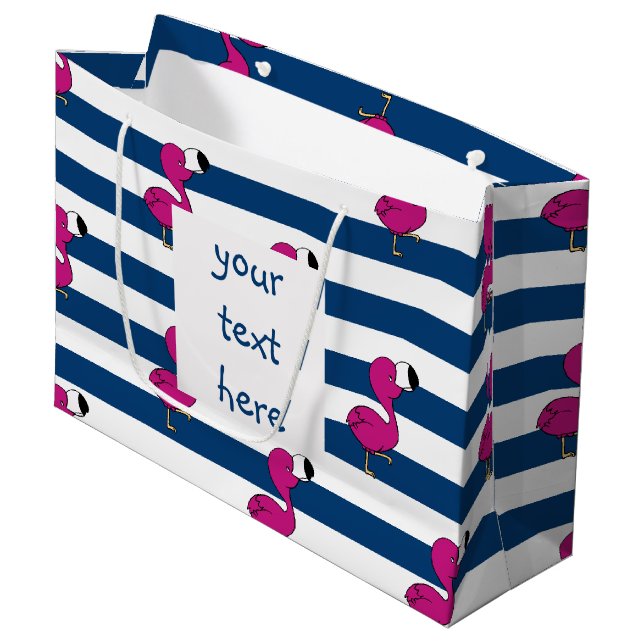 cute tropical pink baby flamingo navy blue striped large gift bag (Front Angled)