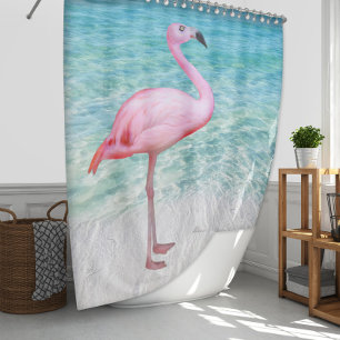 Cute Tropical Pink Flamingo Ocean Beach Shower Curtain