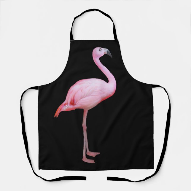 Cute Tropical Pink Flamingo on Black Modern Apron (Front)