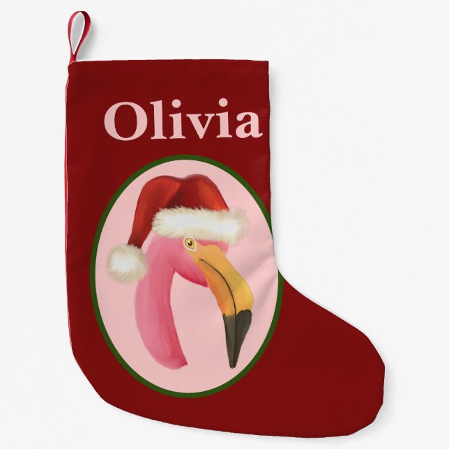 Cute Tropical Pink Flamingo Xmas Hat Personalised  Small Christmas Stocking (Front)