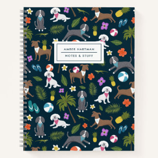 Cute Tropical Puppies Pattern  | Navy Notebook