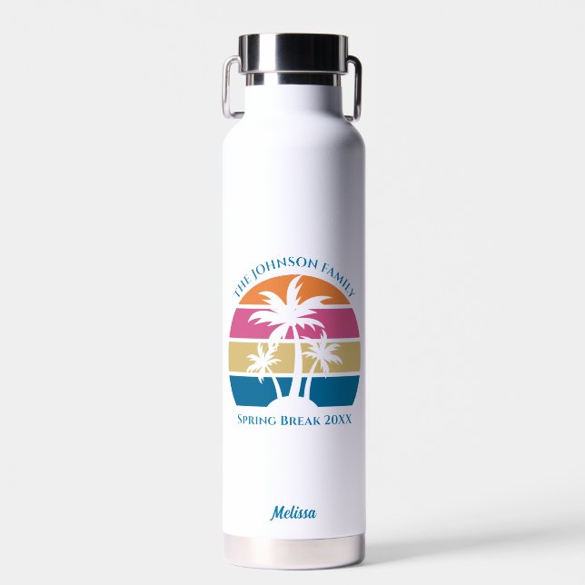 Cute Tropical Sunset Palm Tree Personalised Beach Water Bottle (Front)