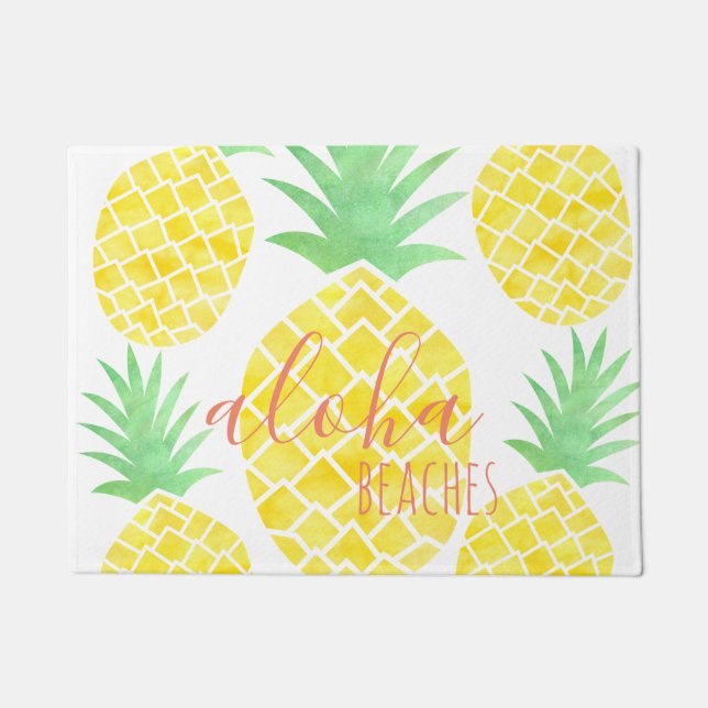 Cute Tropical Watercolor Pineapple Aloha Beaches Doormat (Front)
