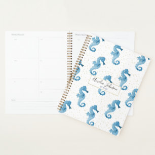 Cute Tropical Watercolor Seahorse Gold Sparkles Planner