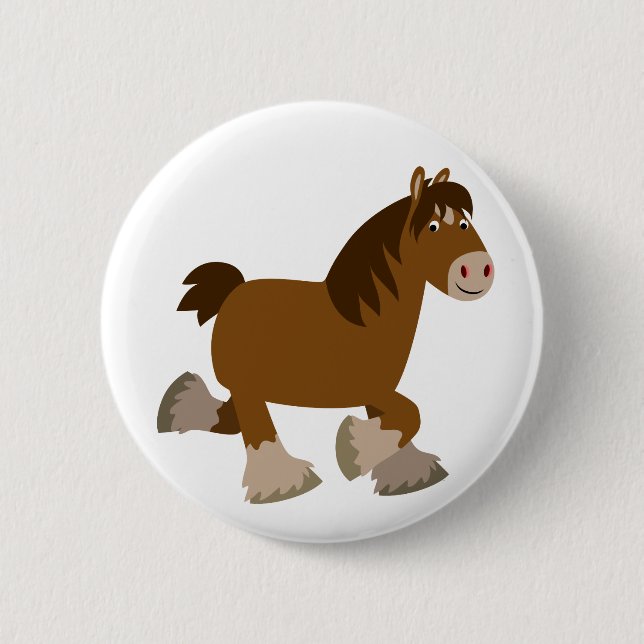 Cute Trotting Cartoon Shire Horse Button Badge (Front)