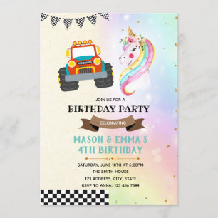 Cute truck and unicorn party invitation