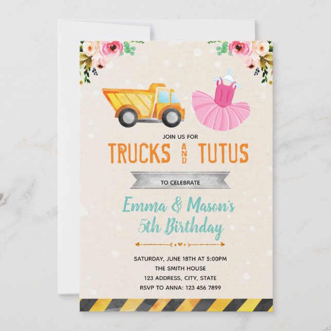 Cute truck tutu party invitation (Front)