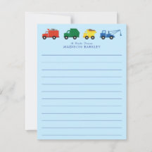 Cute Trucks Boy's Kid's Flat Stationary Cards