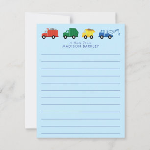 Cute Trucks Boy's Kid's Flat Stationary Cards
