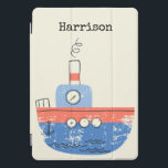 Cute Tug Boat Red Blue Illustration Name Custom iPad Pro Cover<br><div class="desc">This cute custom iPad cover features a whimsical illustration of a tug boat in red and blue. Personalise it with your name. Great gift idea.</div>