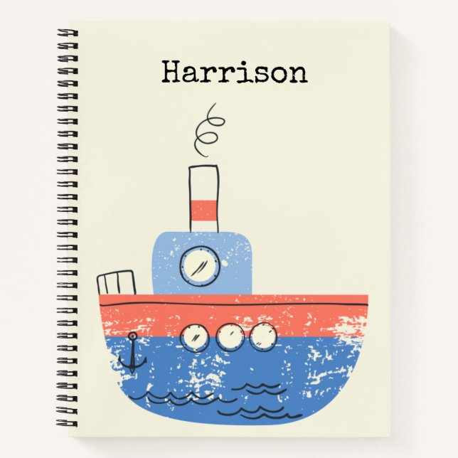 Cute Tug Boat Red Blue Illustration Name Custom Notebook (Front)
