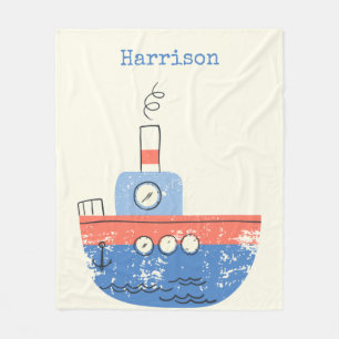 Cute Tug Boat Red Blue Personalised Name Ocean Fleece Blanket