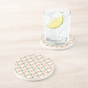 Cute Tulip Checkered Pattern Pastel Floral Coaster