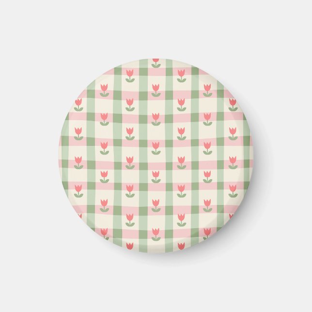 Cute Tulip Checkered Pattern | Pastel Floral  Magnet (Front)