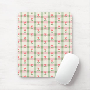 Cute Tulip Checkered Pattern Pastel Floral Mouse Mat