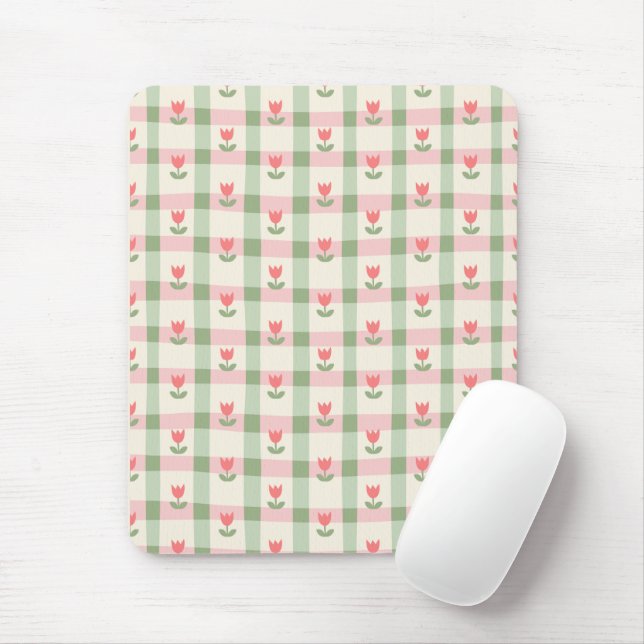 Cute Tulip Checkered Pattern | Pastel Floral  Mouse Mat (With Mouse)
