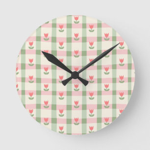 Cute Tulip Checkered Pattern Pastel Floral Round Clock