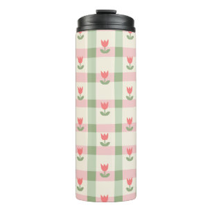 Cute Tulip Checkered Pattern   Pastel Floral  Thermal Tumbler