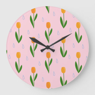 Cute Tulip Flower with Raindrop Pattern Large Clock