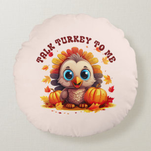 Cute Turkey and Autumn Foliage Round Cushion
