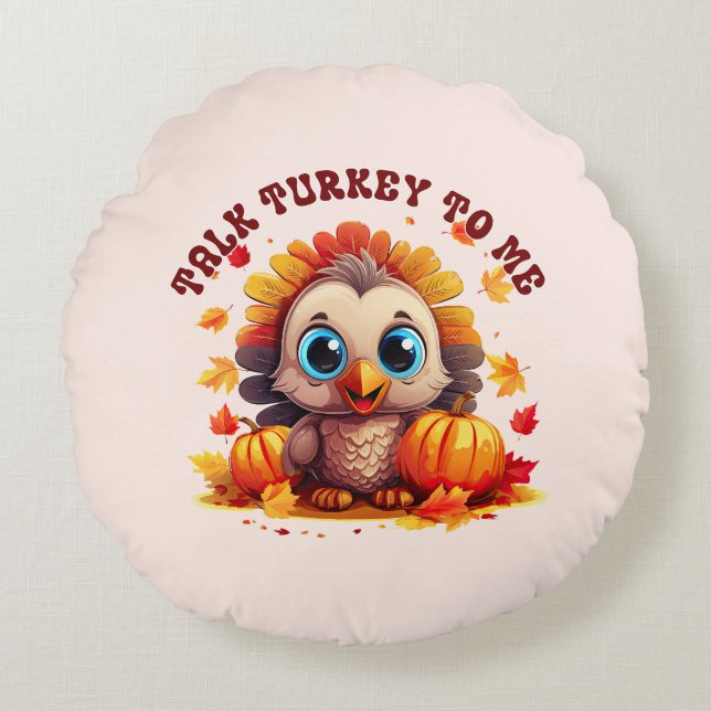Cute Turkey and Autumn Foliage Round Cushion (Front)