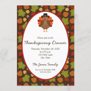 Cute Turkey and Leaves Thanksgiving Invitation