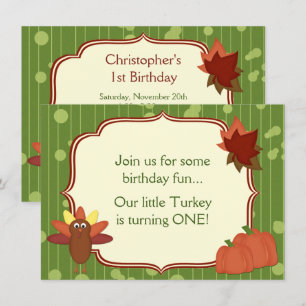 Cute Turkey and Pumpkins Thanksgiving 1st Birthday Invitation